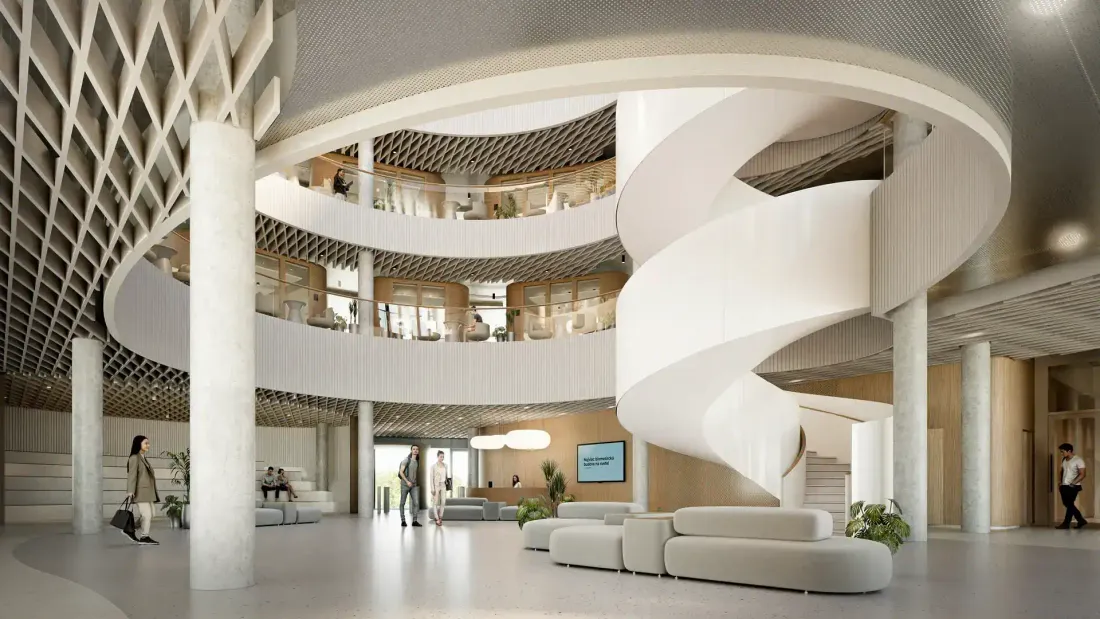 Átrium a lobby so špirálovým schodiskom — Biometrics House